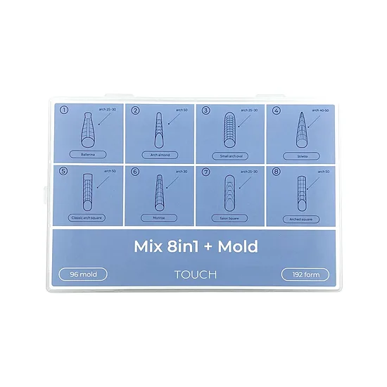 TOUCH Nail Tips Upper forms modeling 288pcs, Mix 8in1 + mold - aušējās formas un silikona veidnes